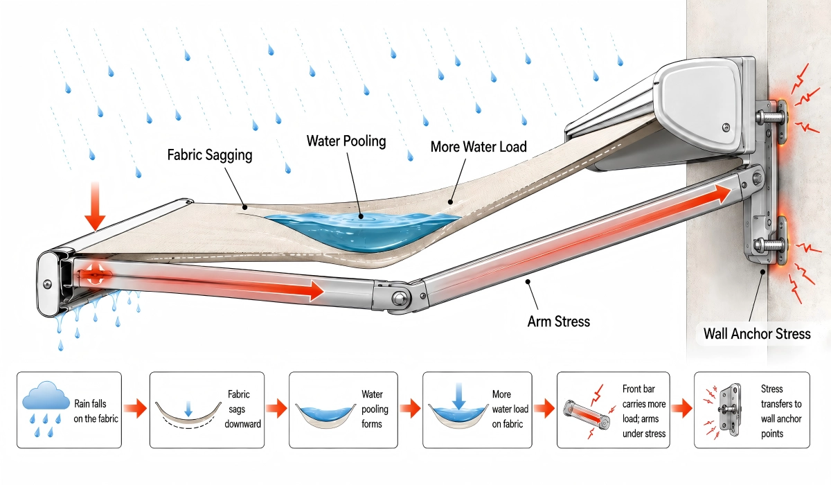 Awning water pooling damage diagram showing fabric sagging and wall anchor stress